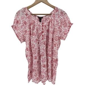 Bit &‎ Bridle Red Floral Gauze Blouse XL Smocked Waist Romantic Cowgirl